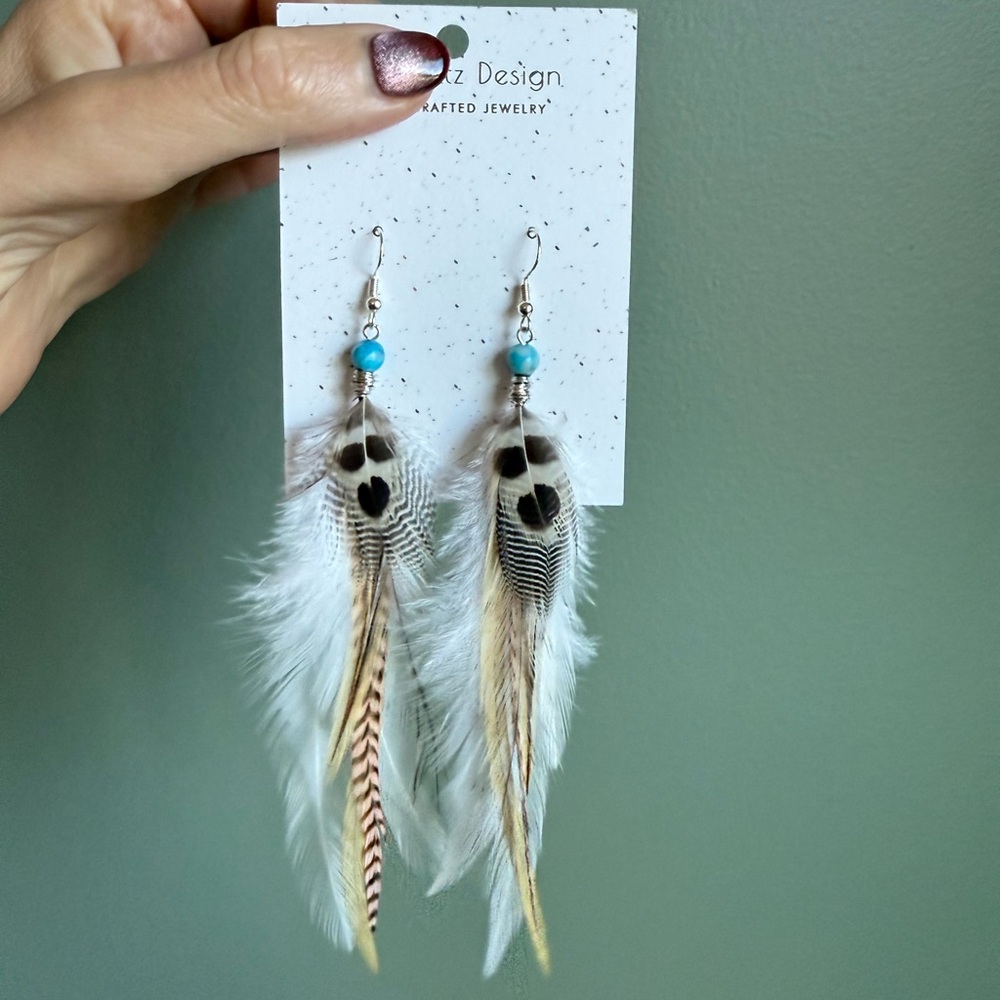 Artisan Feather Earrings with Turquoise Beads
